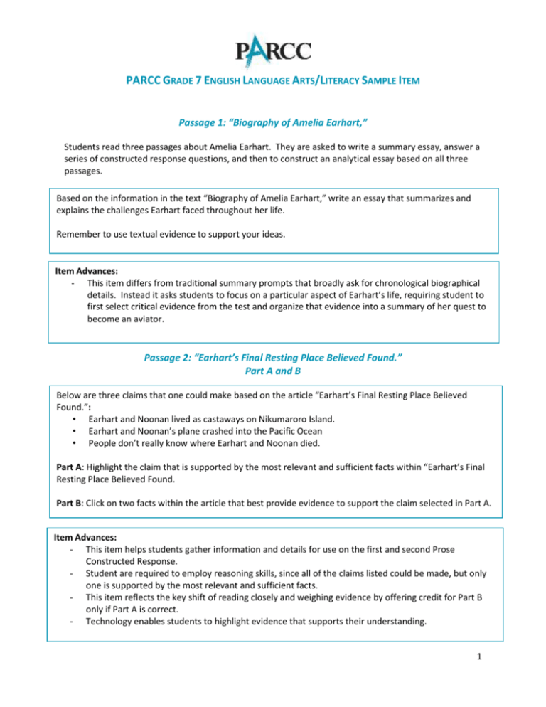 PARCC Grade 7 English Language Arts Literacy Sample Item
