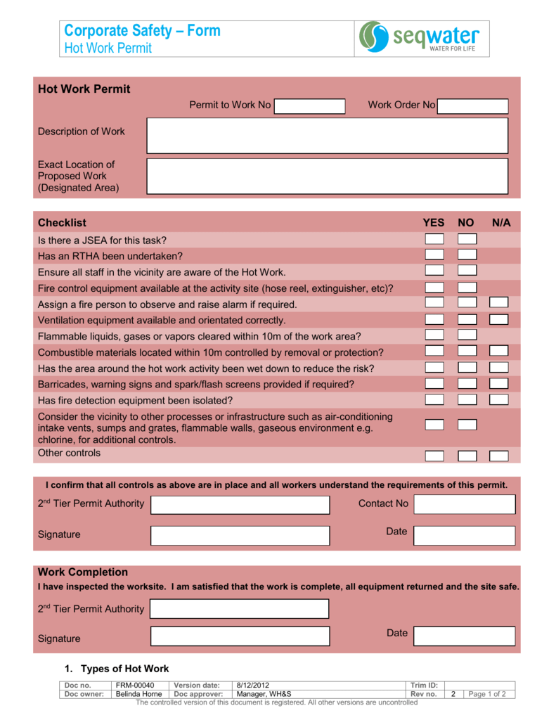 Hot Works Permit Template