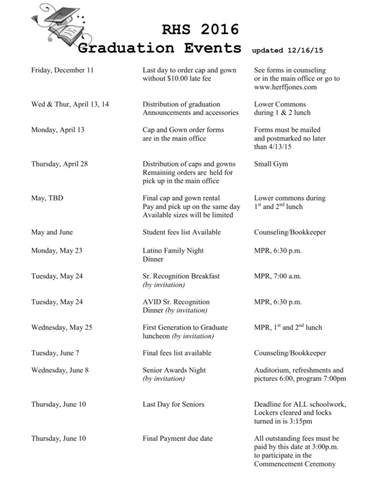 Graduation Calendar Of Events