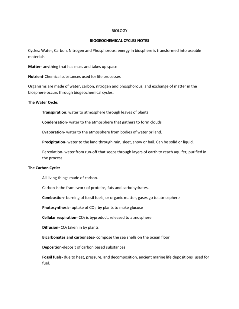 BIOLOGY BIOGEOCHEMICAL CYCLES NOTES Cycles: Water Inside Biogeochemical Cycles Worksheet Answers