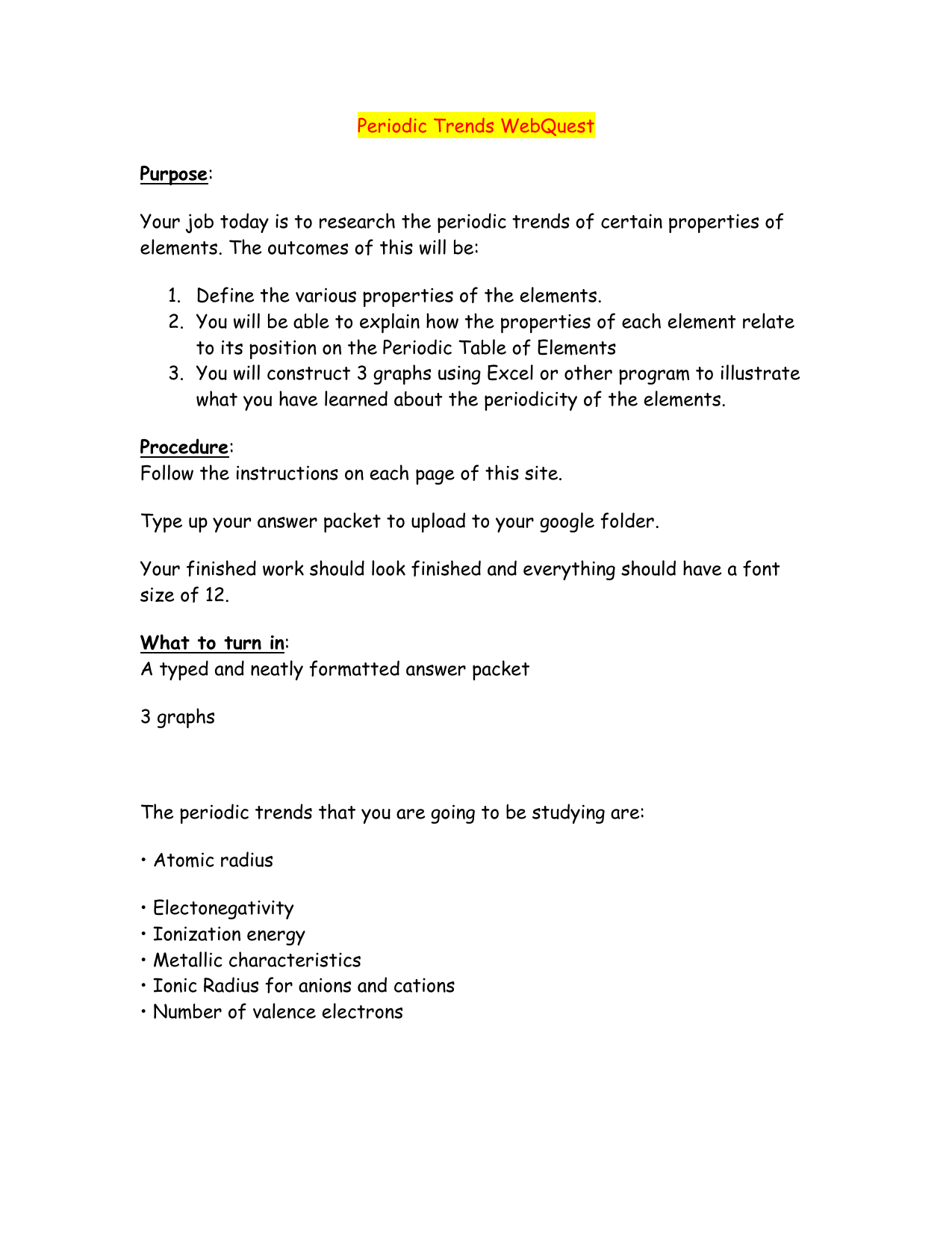 Periodic trends webquest Within Periodic Table Webquest Worksheet Answers