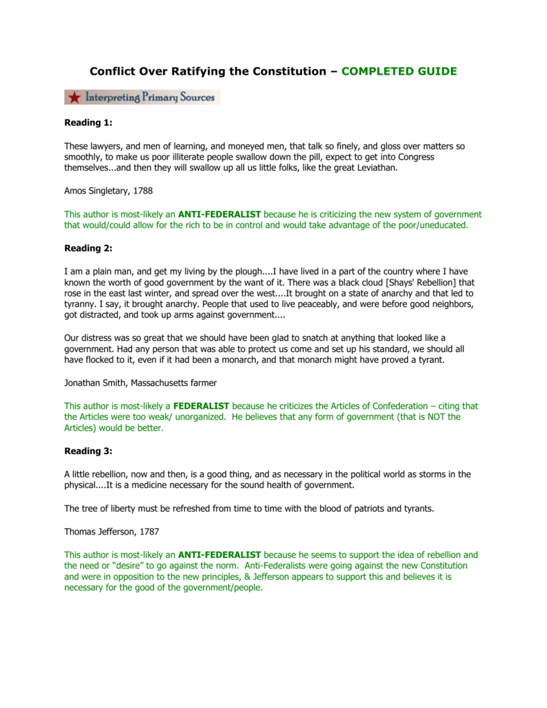 Conflict Over Ratifying the  Constitution For Ratifying The Constitution Worksheet Answers