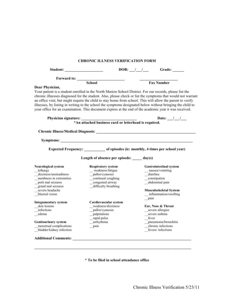 Chronic Illness Verification Form