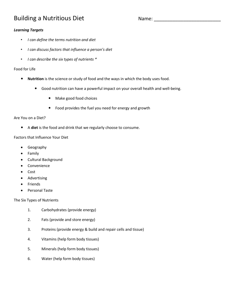 Nutrition Lesson 1 Notes