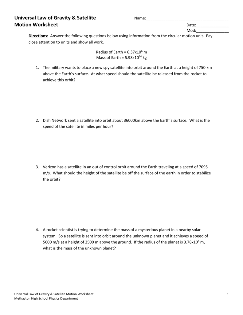 Universal Law of Gravity & Satellite Pertaining To Universal Gravitation Worksheet Answers