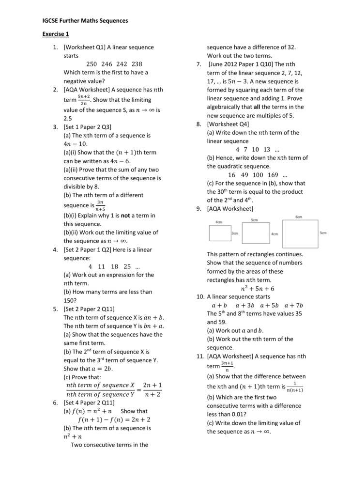 Worksheet IGCSE Further Maths Sequences Exercise 1