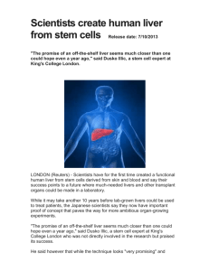 Scientists create human liver from stem cells Release date: 7/10/2013