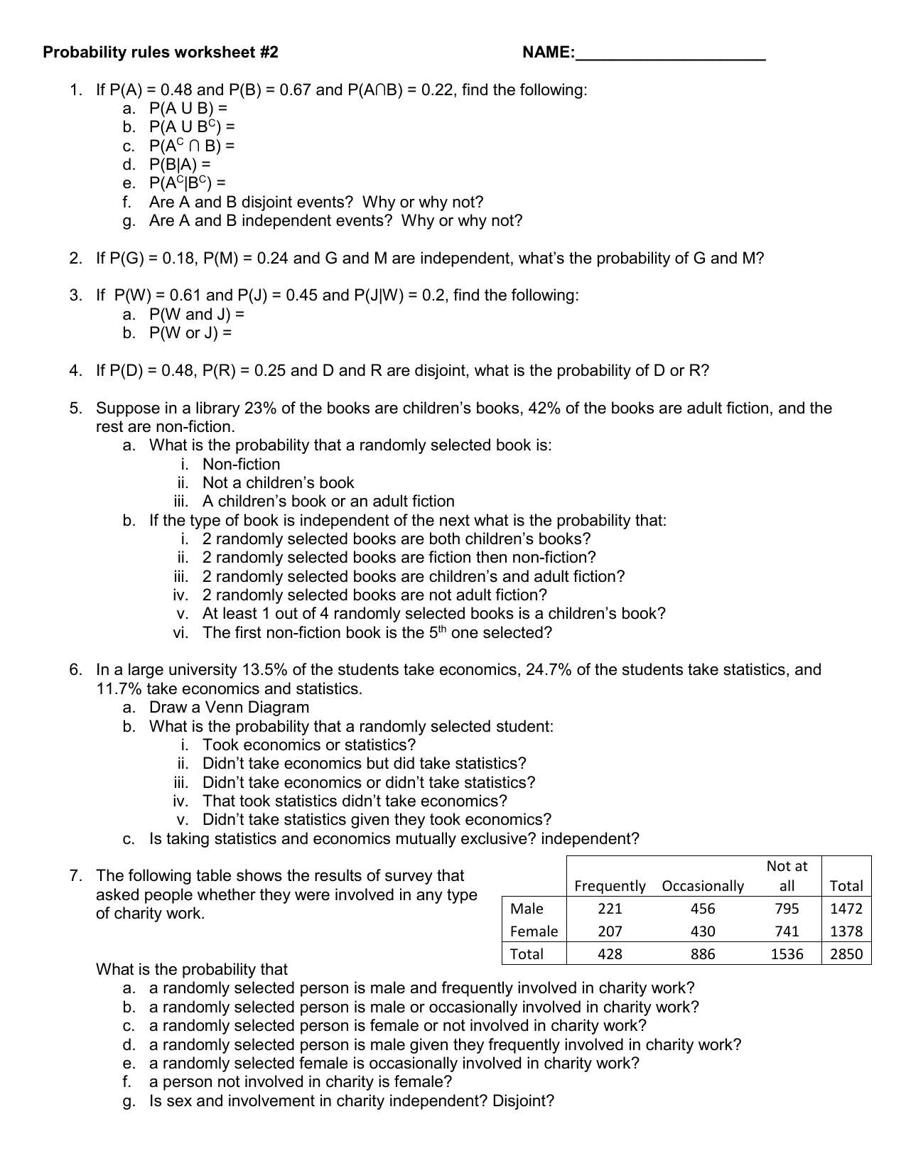 Probability Rules Worksheet 2 With Answers 1