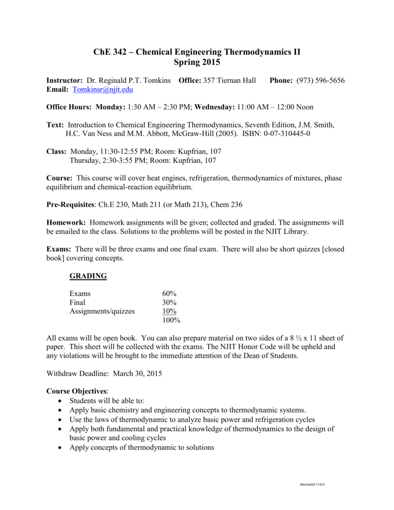 Njit Spring 2022 Final Exam Schedule Che 342 – Chemical Engineering Thermodynamics Ii Spring 2015