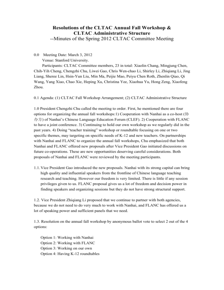 Resolutions Of The Cltac Annual Fall Workshop Cltac