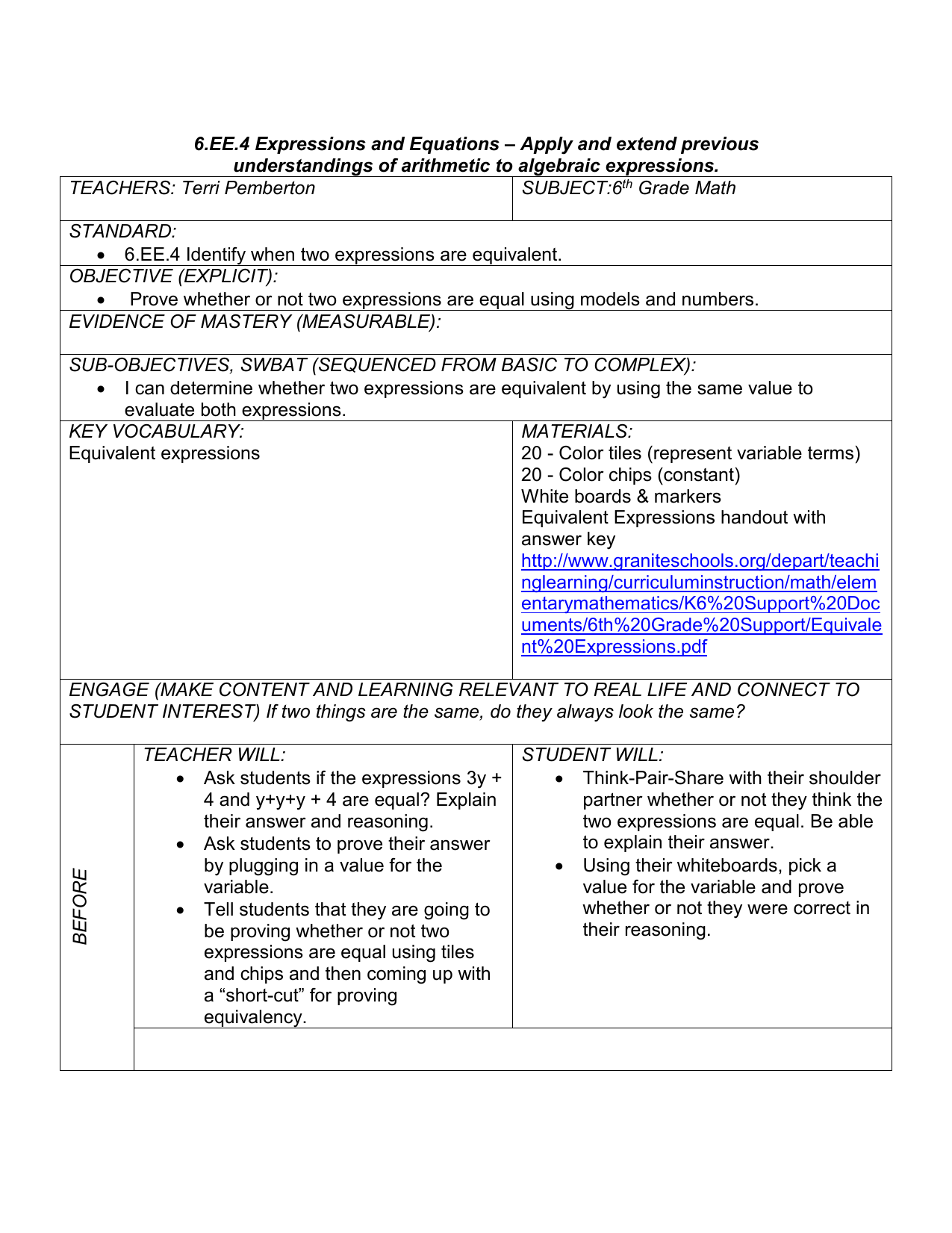 22.EE_.22 Expressions & Equations In Equivalent Expressions Worksheet 6th Grade