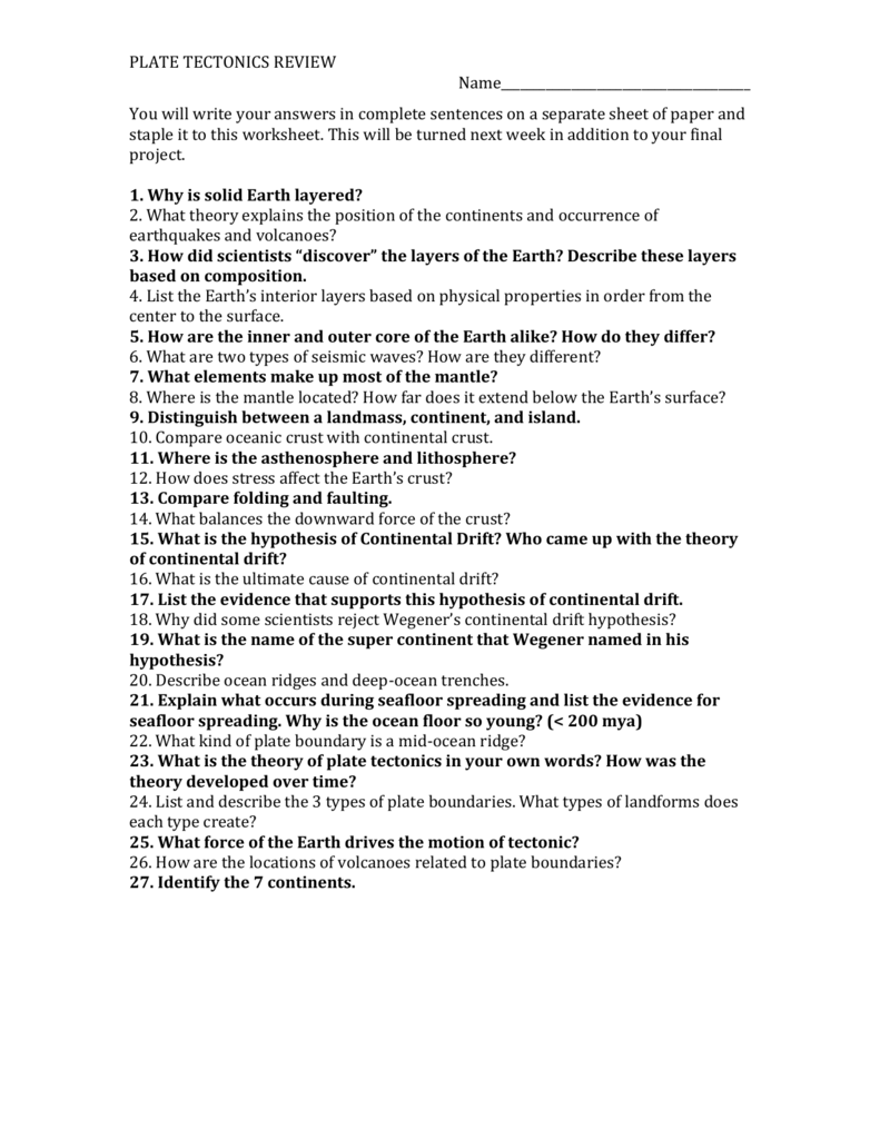 PLATE TECTONICS REVIEW FOR FINAL PROJECT With  Plate Tectonic Worksheet Answers