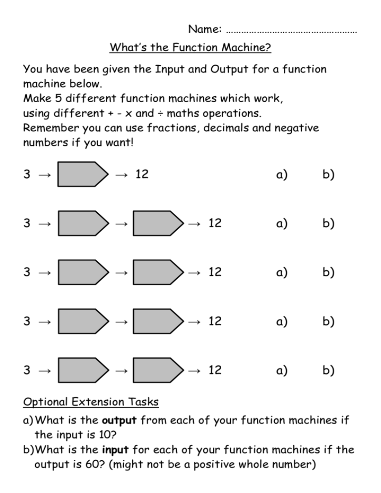 Function Machines Worksheet Input Output Math
