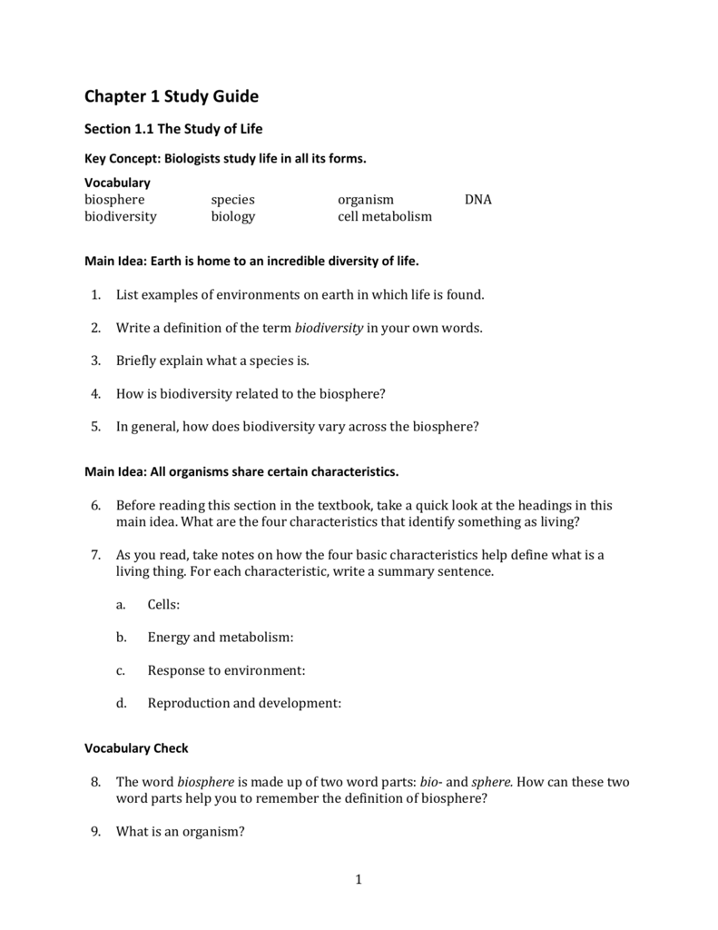 Biology Chapter 1 Study Guides Biology Chapter 1 Study Guides