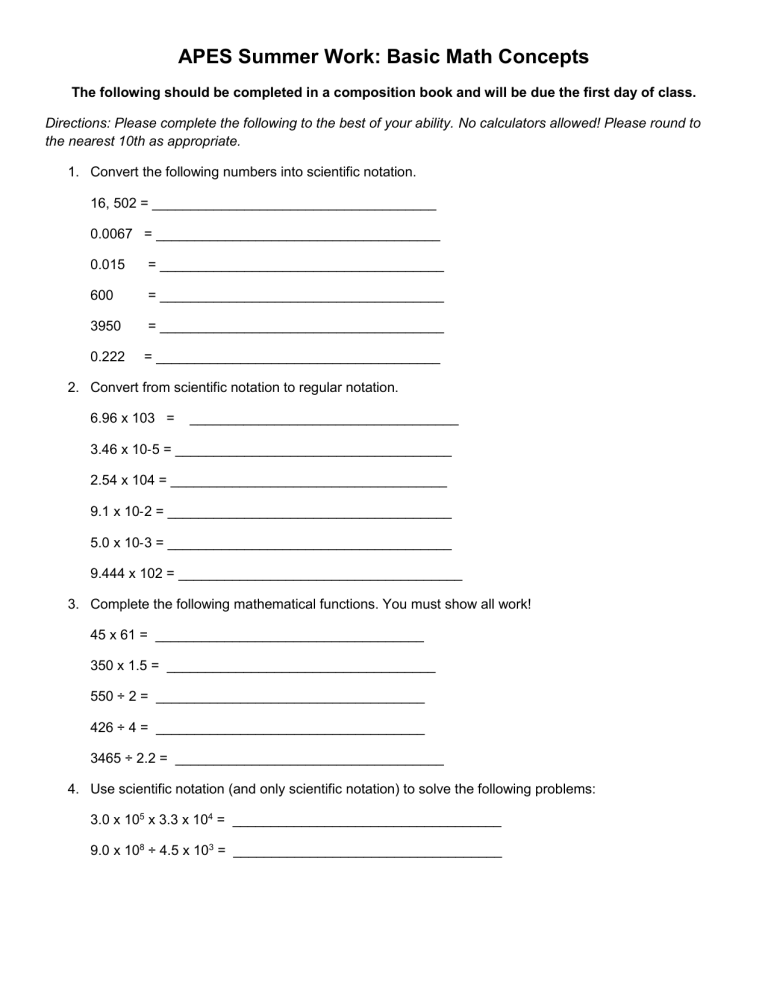 apes summer math assignment answer key