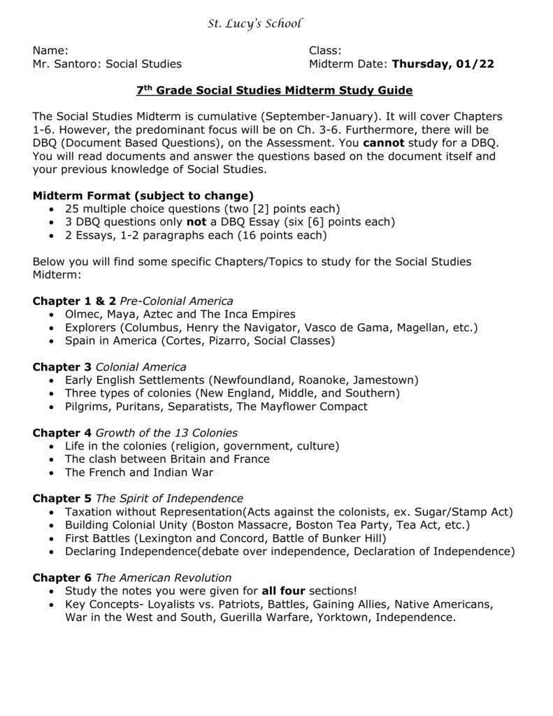 7th Grade SS Midterm Study Guide