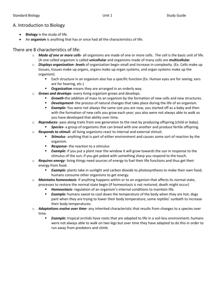 Biology Unit 1 Study Guide Biology Unit 1 Study Guide