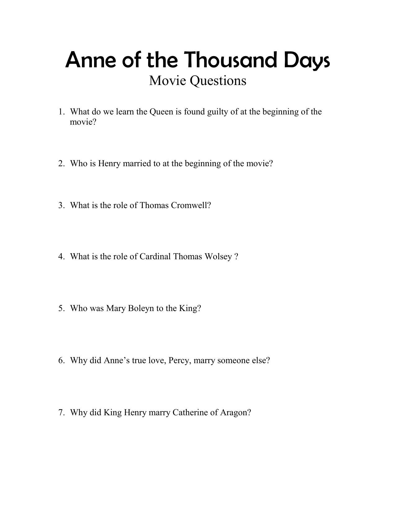 Anne Of The Thousand Days Movie Questions Complete Set