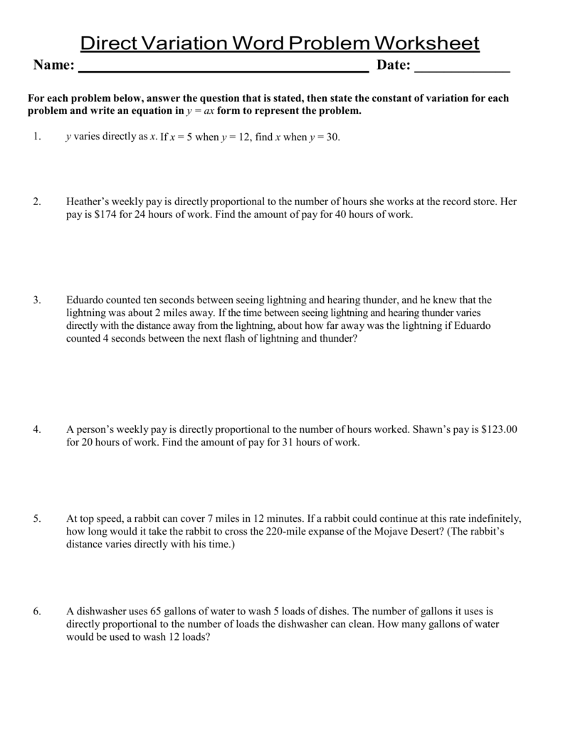 Microsoft Word - Direct Variation Worksheet.doc Intended For Direct Variation Word Problems Worksheet