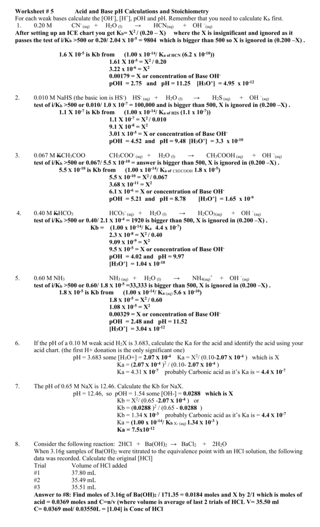 Worksheet # 5 Acid and Base pH Calculations and Stoichiometry