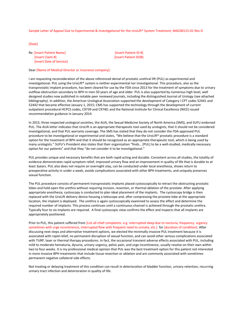 Sample Letter of Appeal for Experimental & Investigational