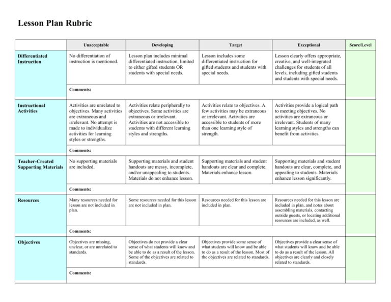 Lesson Plan Rubric