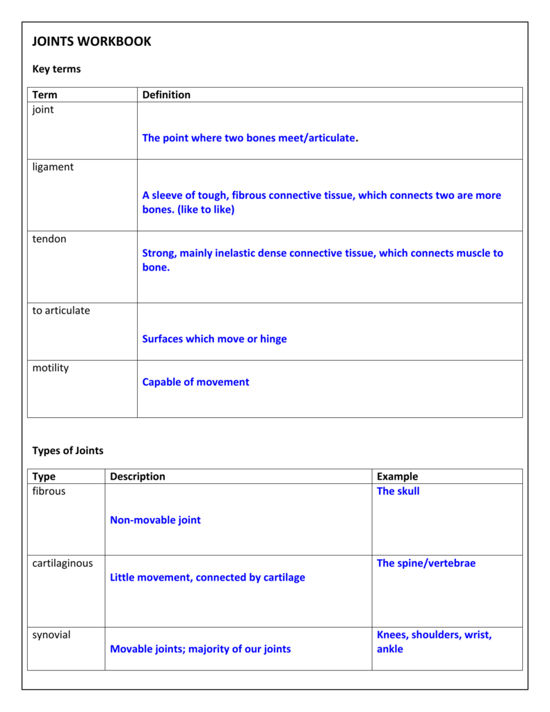 Topic 25 - JOINTS_WORKBOOK Answers Regarding Joints And Movement Worksheet