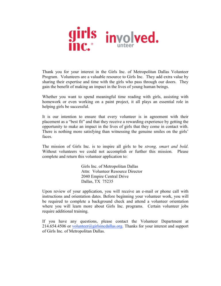Girls Inc Volunteer Application