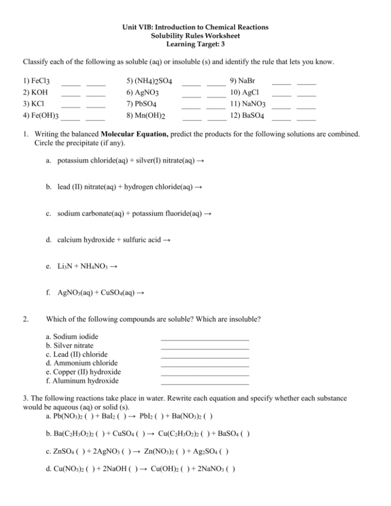 Unit VIB Solubility Rules Worksheet