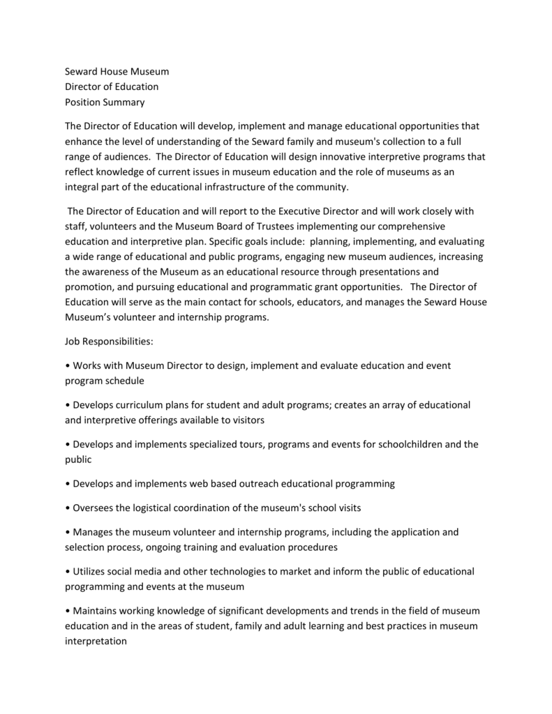 Seward House Museum Director Of Education Position Summary