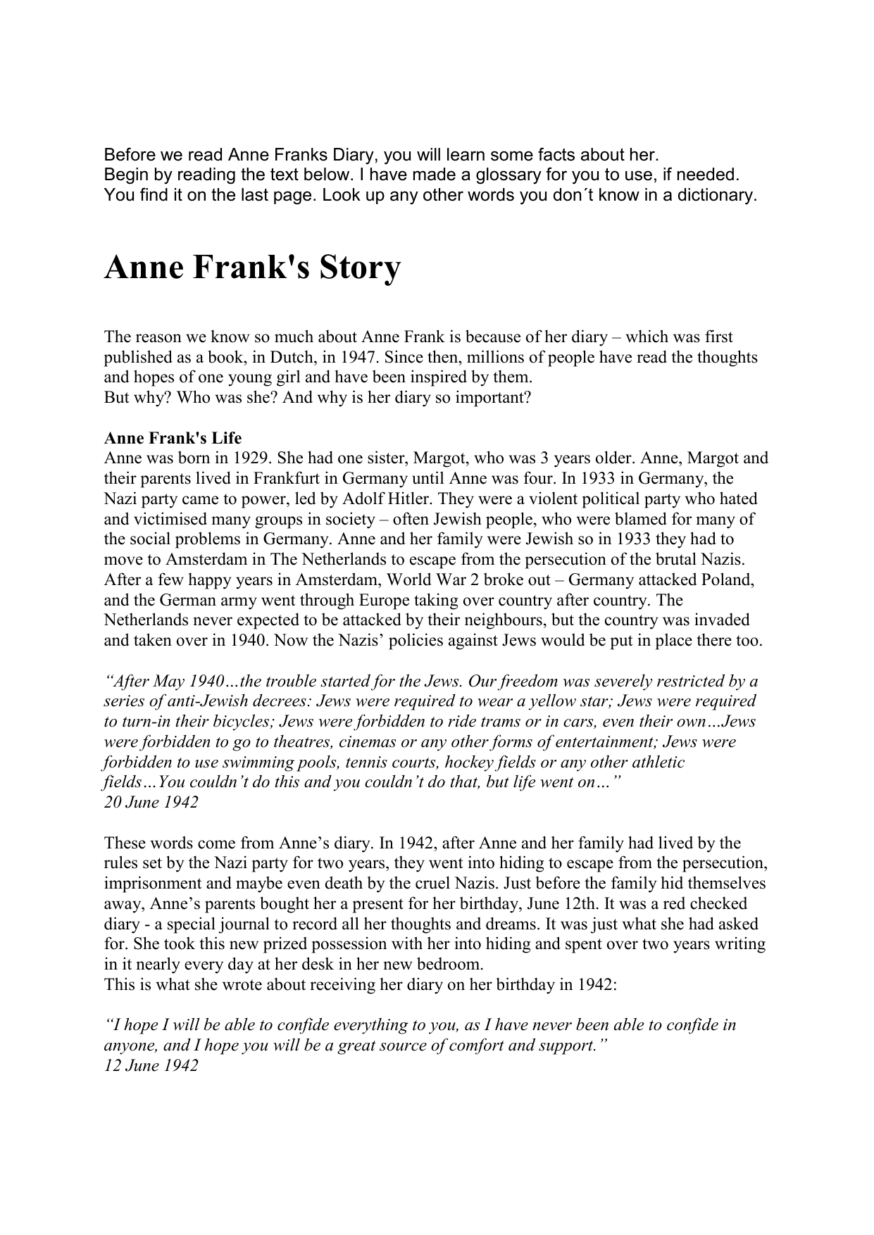 describe the three essays written by anne frank