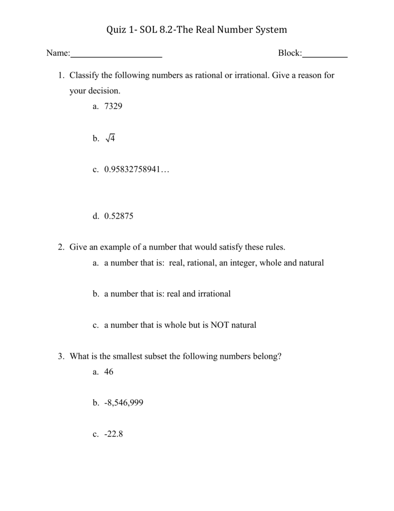 Quiz 211- SOL 211.21-The Real Number System In Classify Real Numbers Worksheet