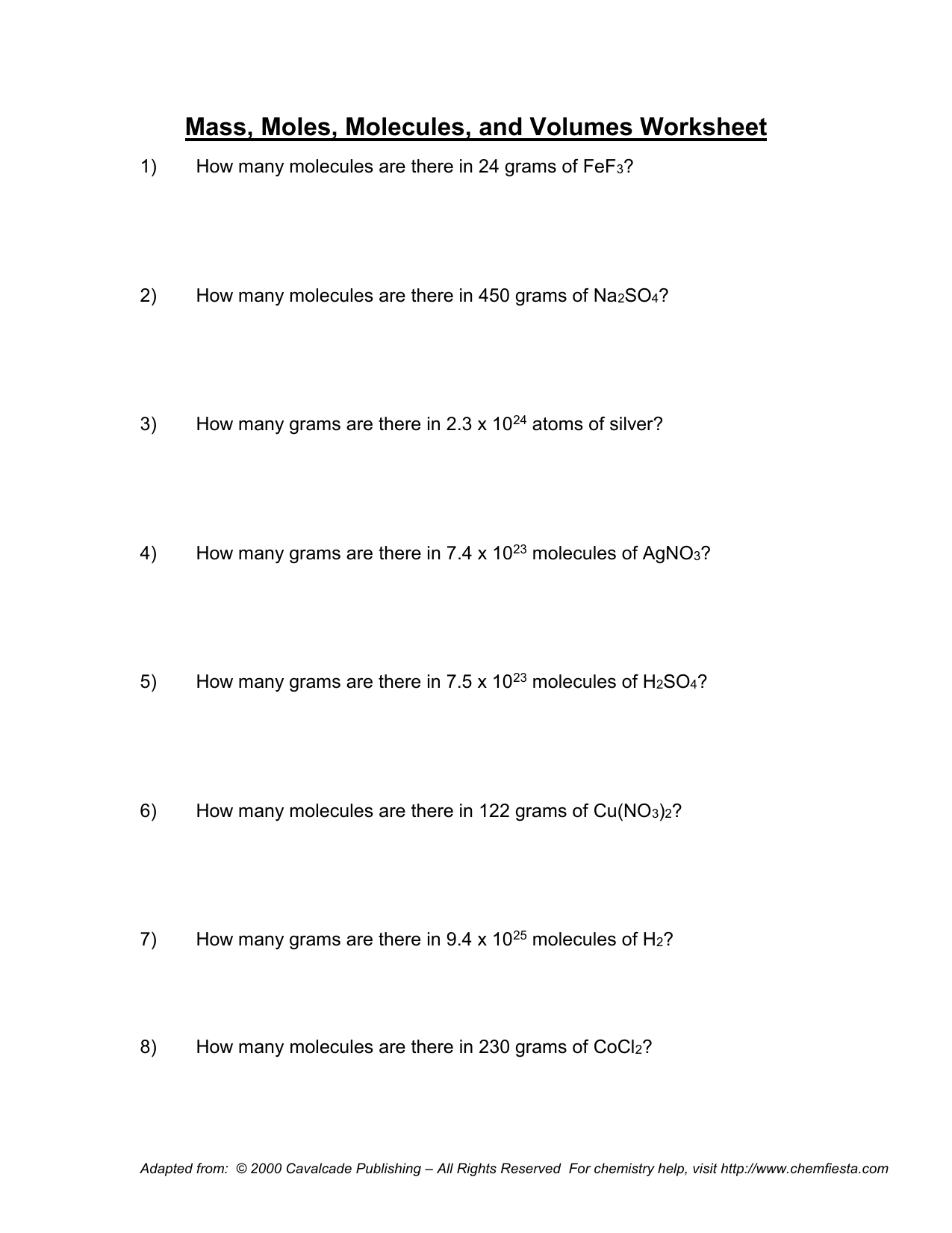 Moles and mass worksheet