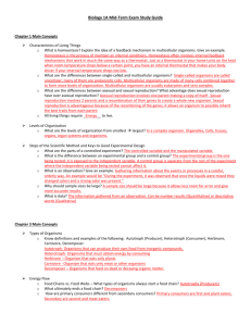 Biology 1A Mid-Term Exam Study Guide Chapter 1 Main Concepts