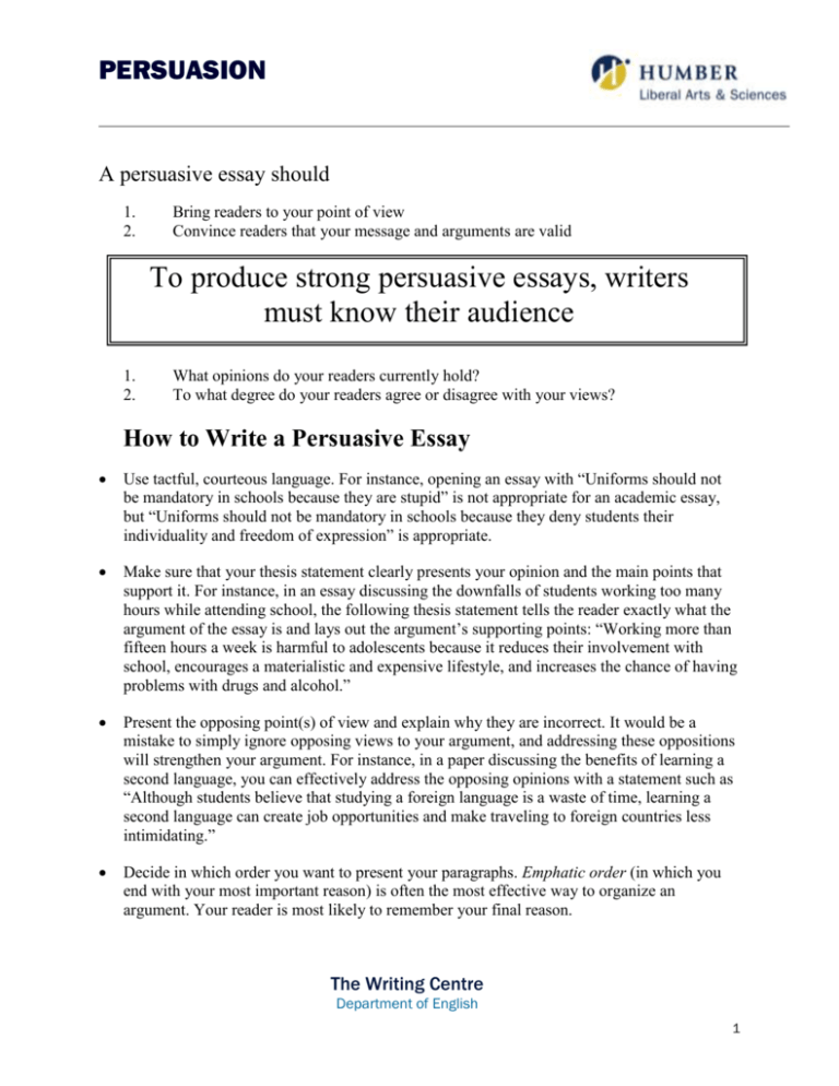 write a persuasive essay on the topic given