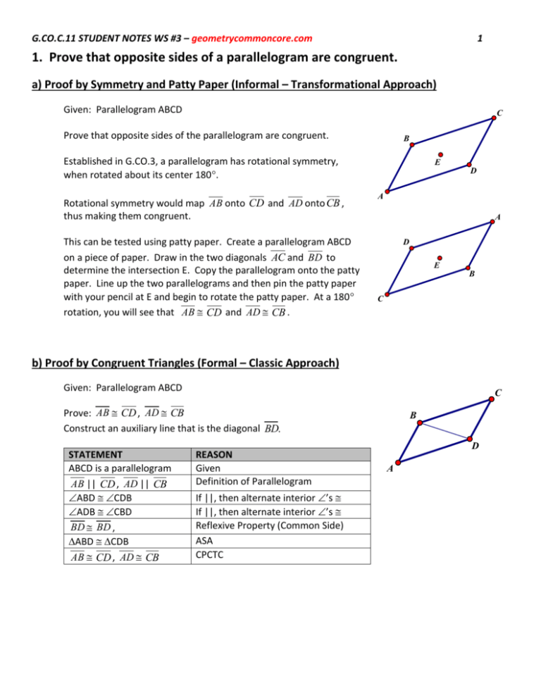 1 Prove That Opposite Sides Of A Parallelogram Are Congruent A