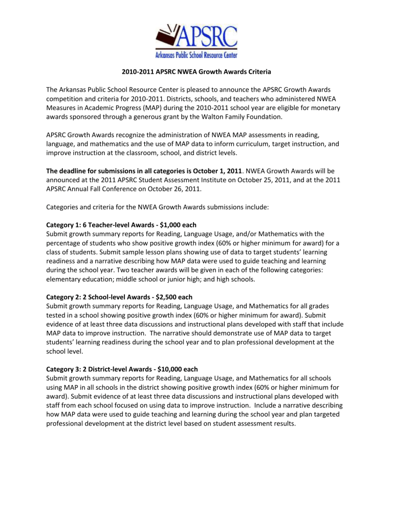 2010 2011 APSRC NWEA Growth Awards Criteria The Arkansas