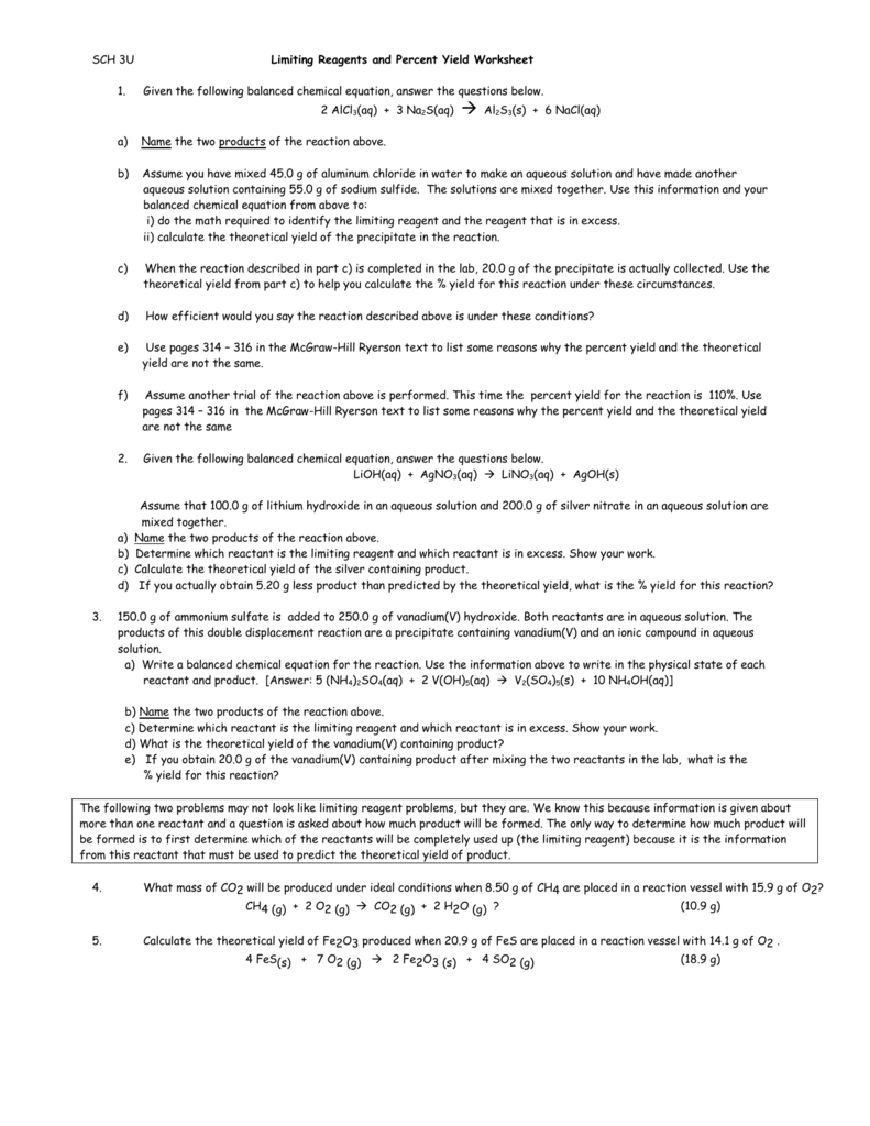 SCH 3U Limiting Reagents And Percent Yield Worksheet Given The