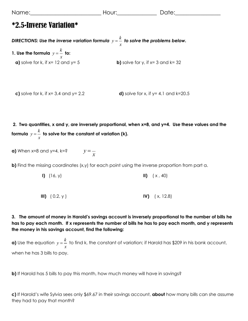 Direct And Inverse Variation Worksheet E Street Light