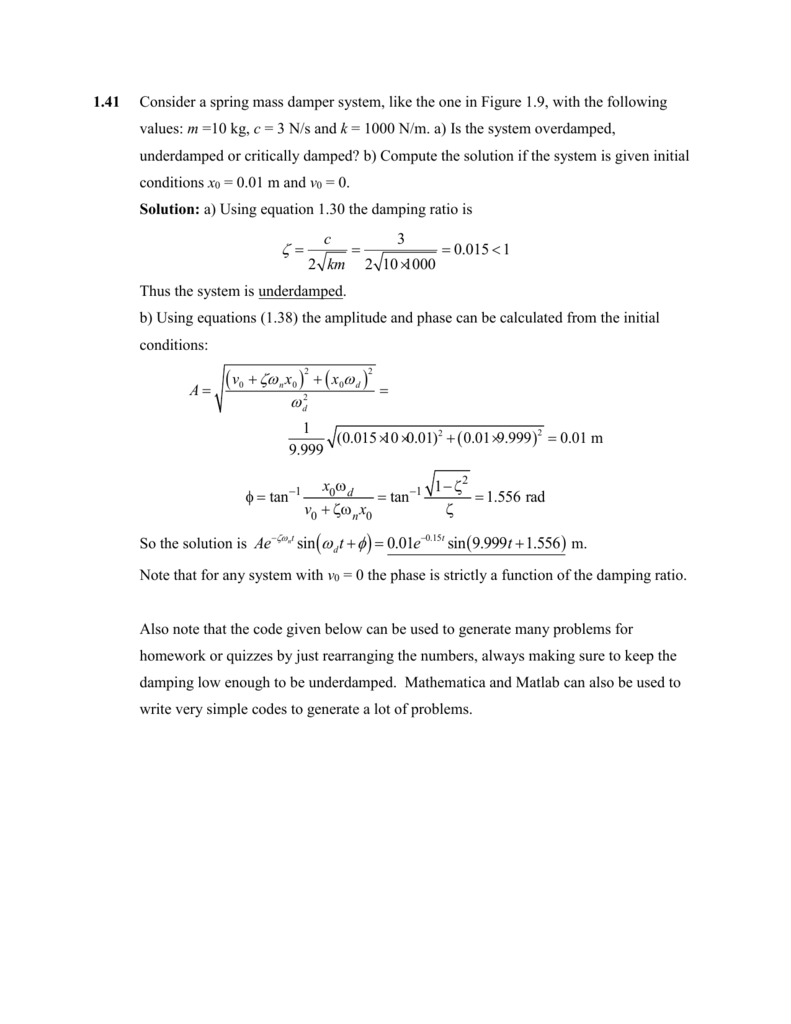 1 41 Consider A Spring Mass Damper System Like The One In Figure