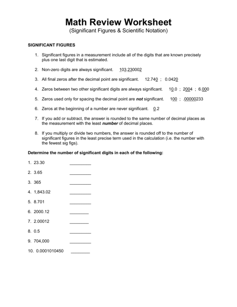 Significant Figures And Scientific Notation Review