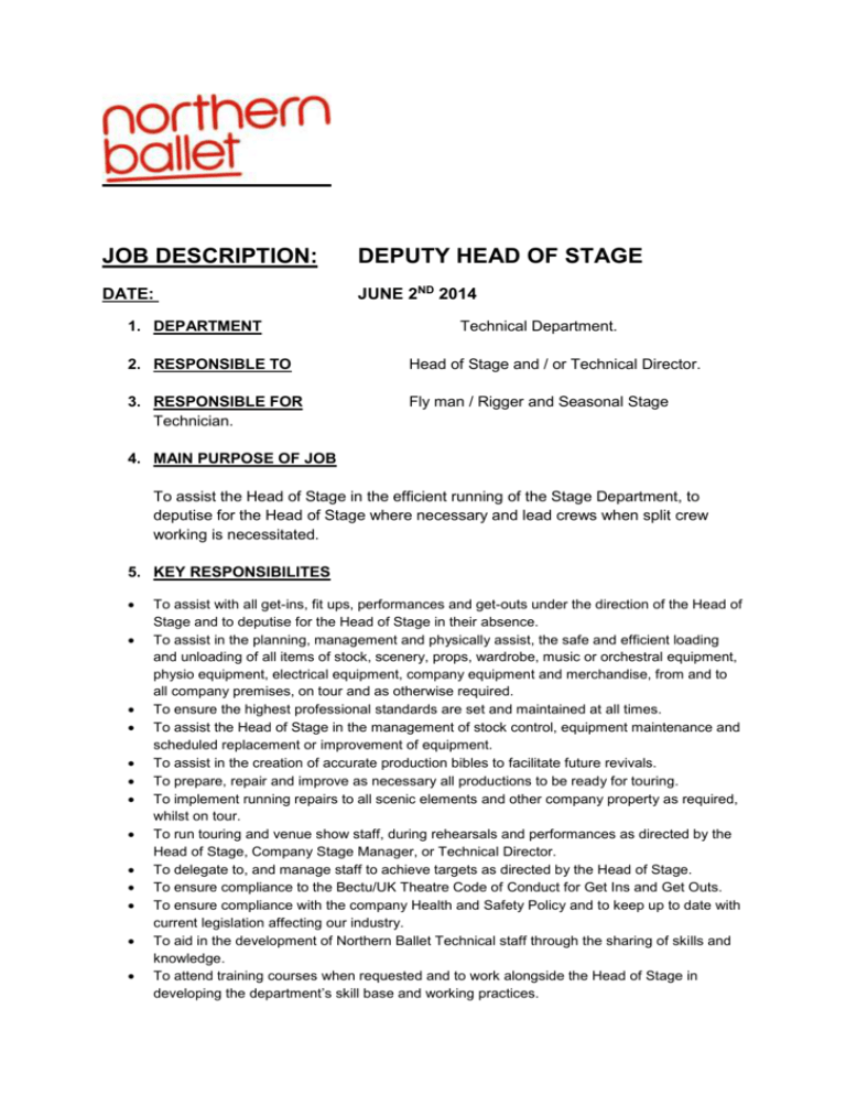 Job Description Deputy Head Of Stage