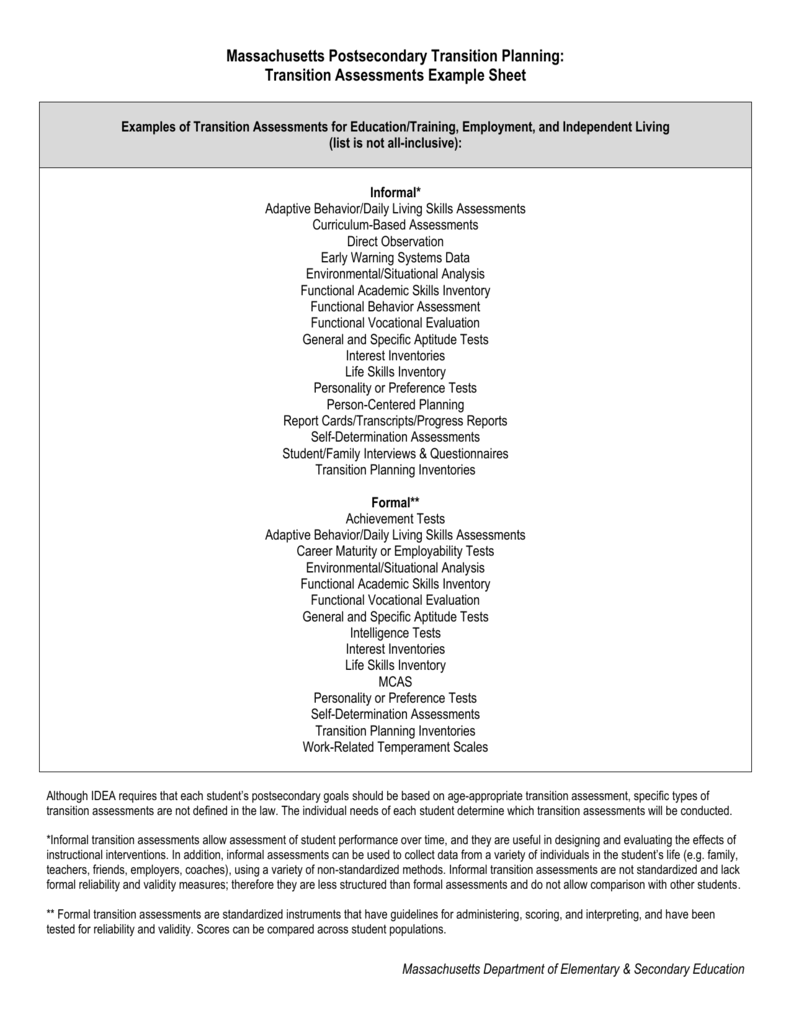 Transition Assessments Example Sheet