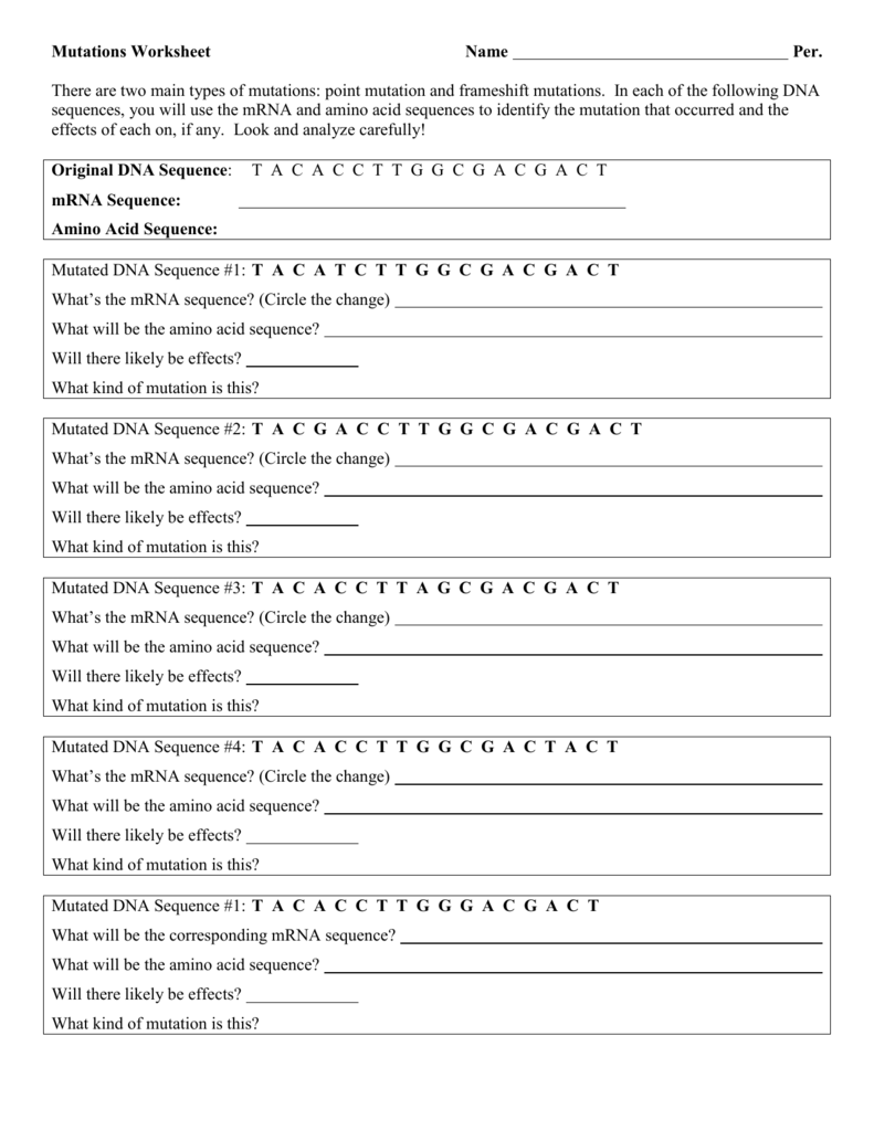 Mutations Worksheet - DNA With Dna Mutation Practice Worksheet Answers