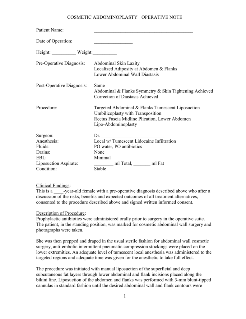 Sample Operative Note Throughout Operative Report Template