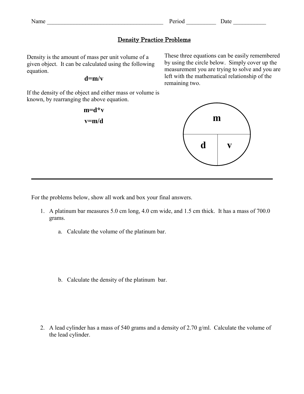 Density Worksheet For 6th Grade - A Worksheet Blog