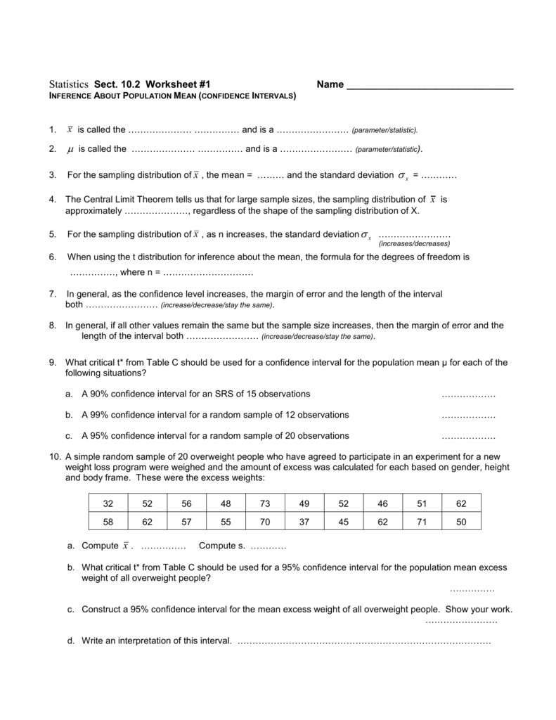 Statistics Sect 10 2 Worksheet 1 Name Inference About Population