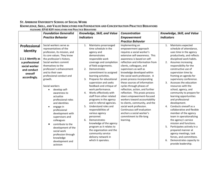 Knowledge Values And Skills Indicators For Practice Behaviors