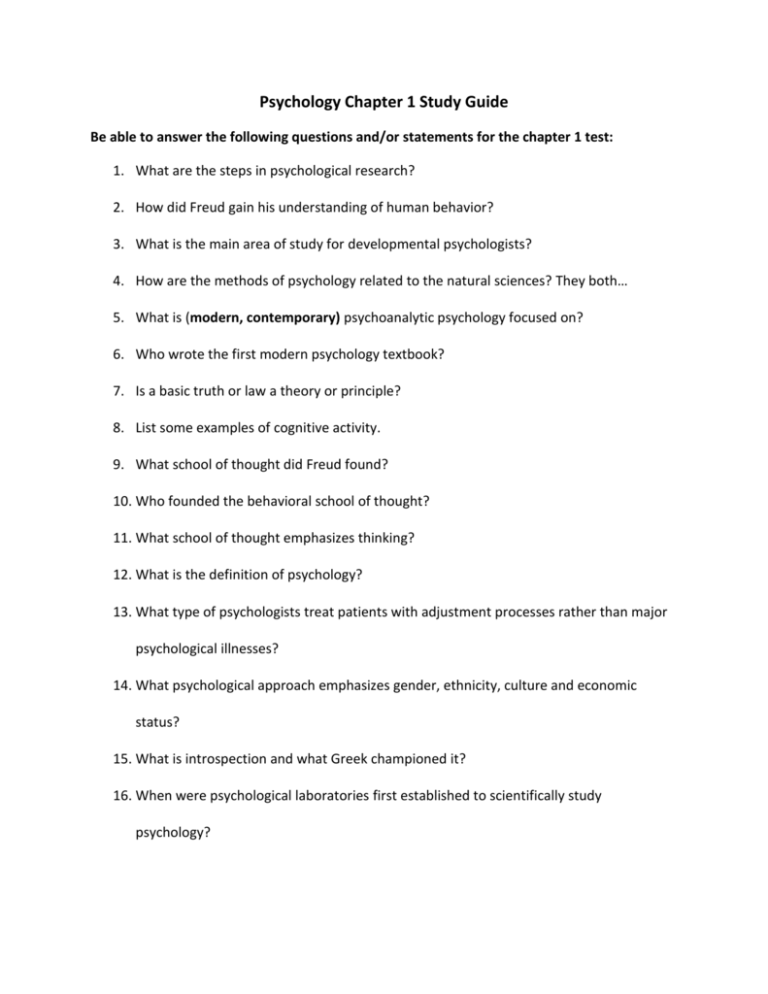 Psychology Chapter 1 Study Guide