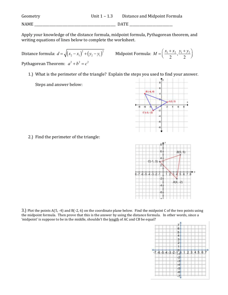 Geometry Unit 1111 – 1111.11 Distance and Midpoint Formula NAME DATE In Distance And Midpoint Worksheet Answers